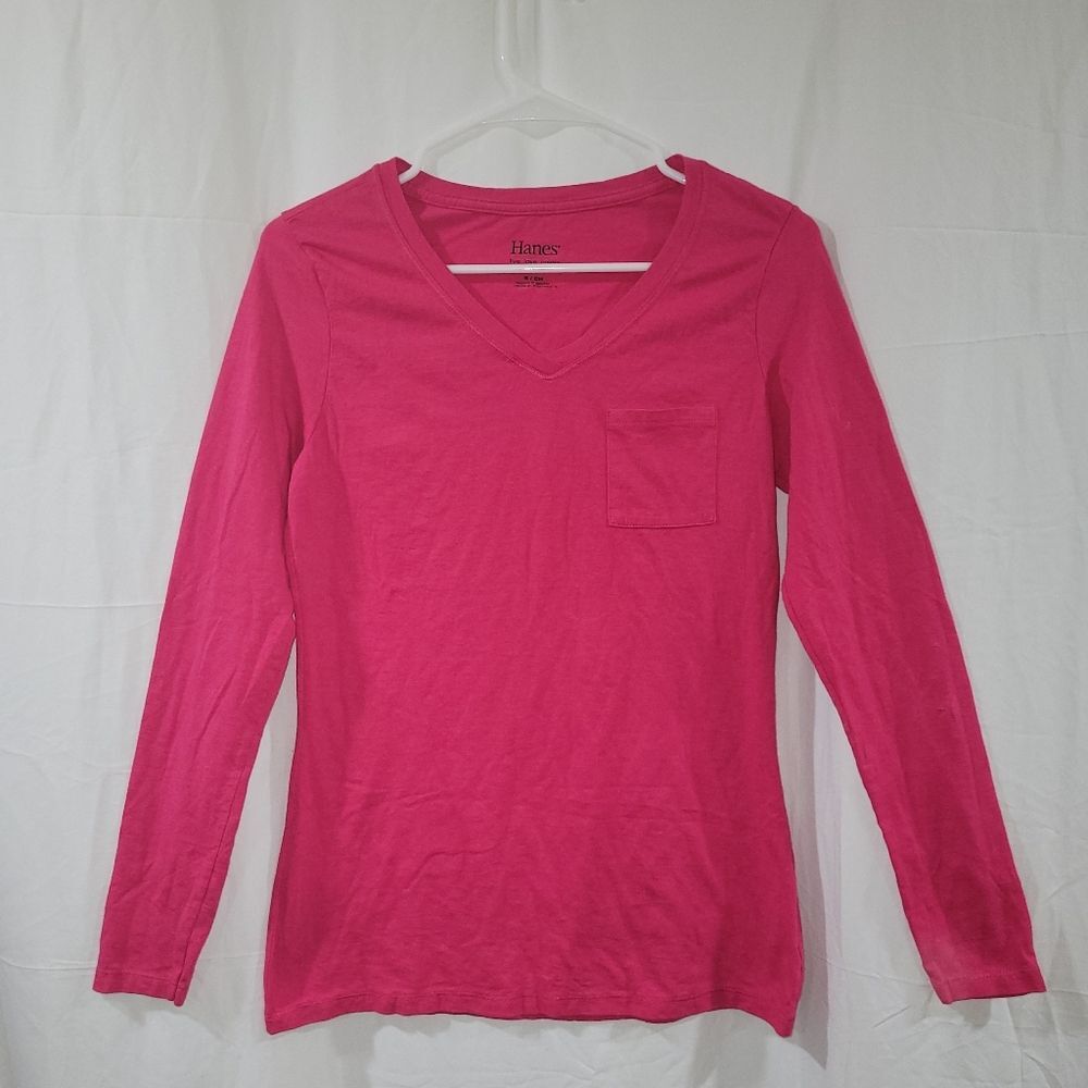 Hanes size small womens HOT pink v neck chest pocket long sleeve top